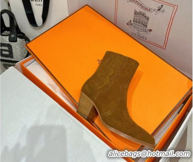 Top Design Hermes Embroidery Ankle Boot 7cm Heel in Brown Suede 2372510