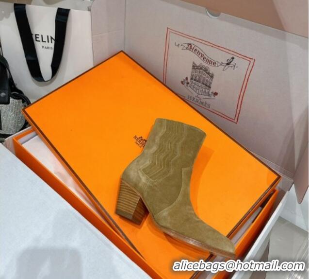 Cheap Price Hermes Embroidery Ankle Boot 7cm Heel in Light Brown Suede 2372509