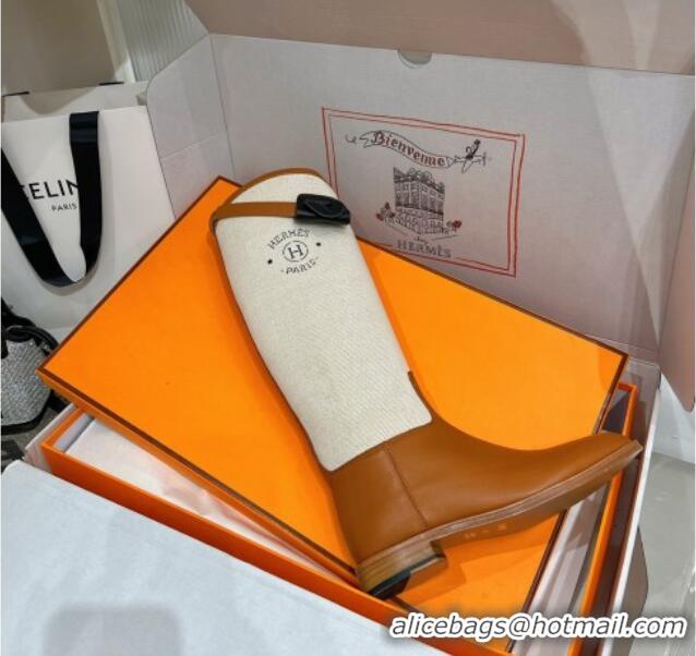 Sophisticated Hermes Jumping Boot in Canvas and Brown Leather 372506