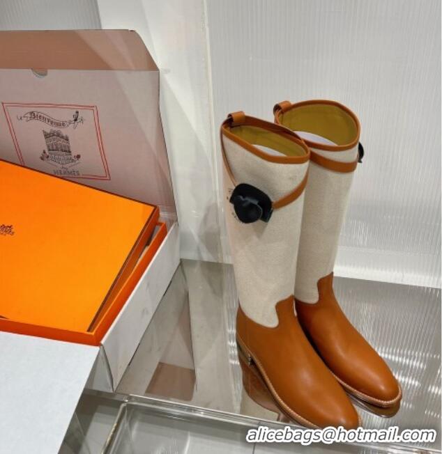 Sophisticated Hermes Jumping Boot in Canvas and Brown Leather 372506