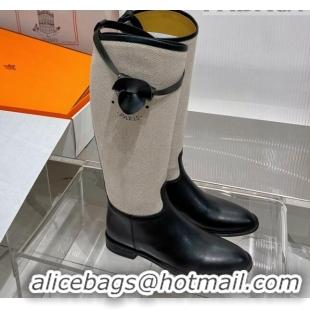 Low Cost Hermes Jumping Boot in Canvas and Black Leather 372507