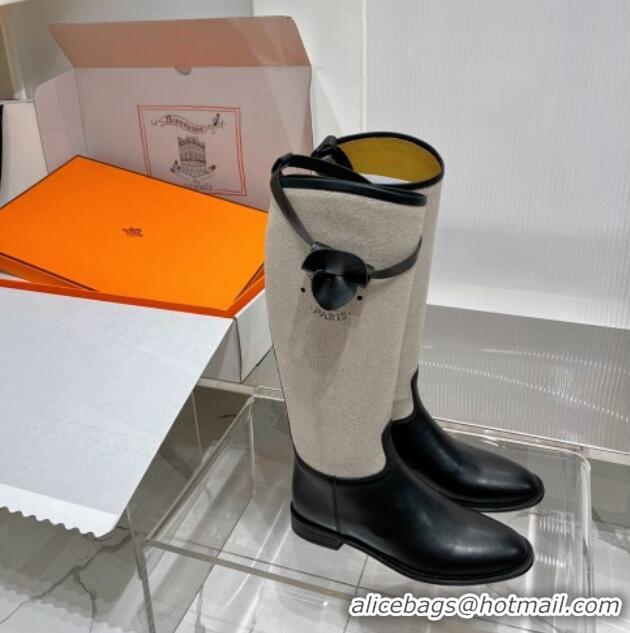 Low Cost Hermes Jumping Boot in Canvas and Black Leather 372507