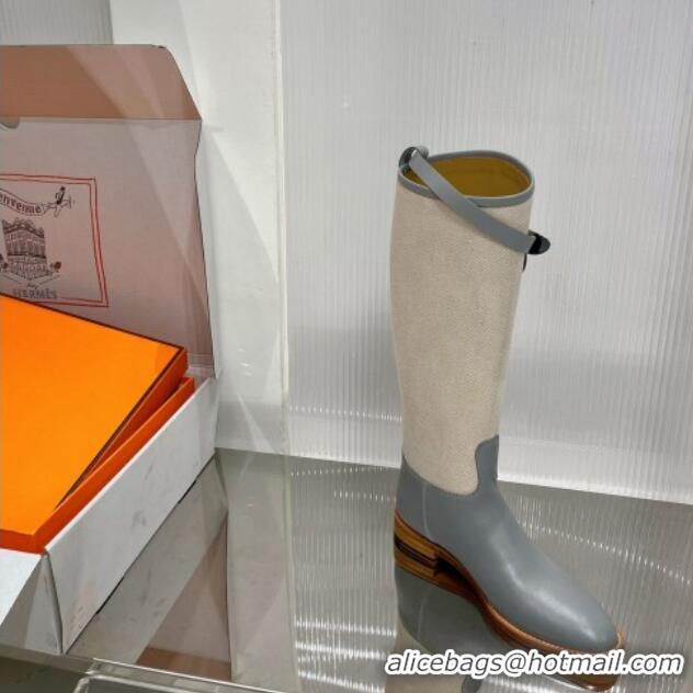 Duplicate Hermes Jumping Boot in Canvas and Grey Leather 372505