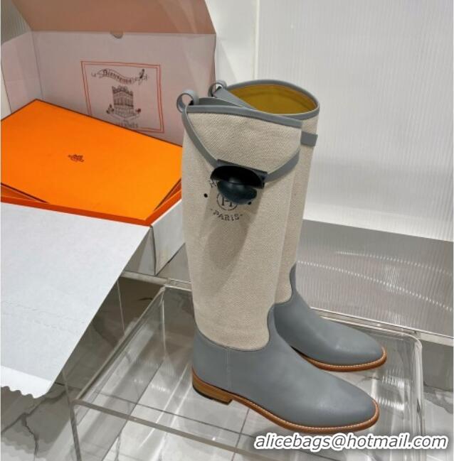 Duplicate Hermes Jumping Boot in Canvas and Grey Leather 372505