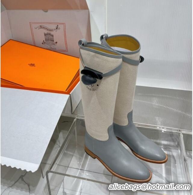 Duplicate Hermes Jumping Boot in Canvas and Grey Leather 372505