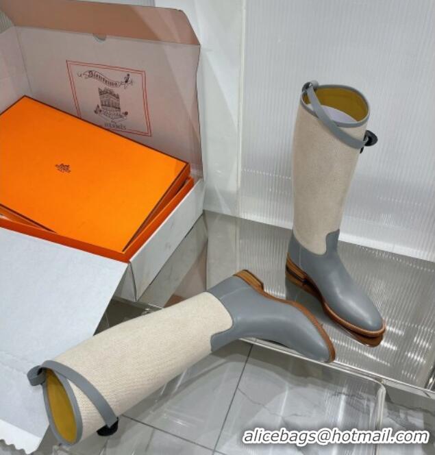 Duplicate Hermes Jumping Boot in Canvas and Grey Leather 372505