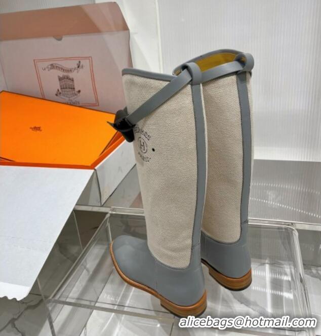 Duplicate Hermes Jumping Boot in Canvas and Grey Leather 372505