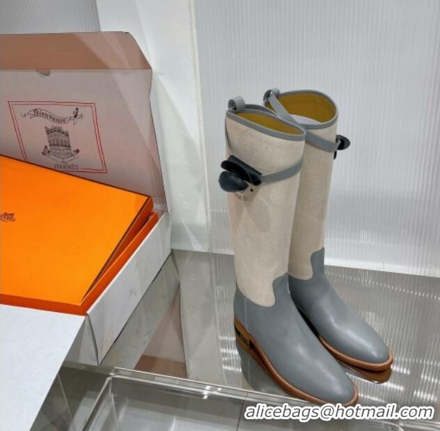 Duplicate Hermes Jumping Boot in Canvas and Grey Leather 372505