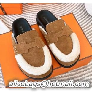 Perfect Hermes Chypre Suede Flat Mules Brown 728009