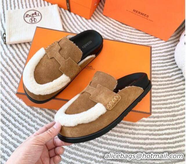 Perfect Hermes Chypre Suede Flat Mules Brown 728009