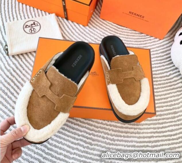 Perfect Hermes Chypre Suede Flat Mules Brown 728009