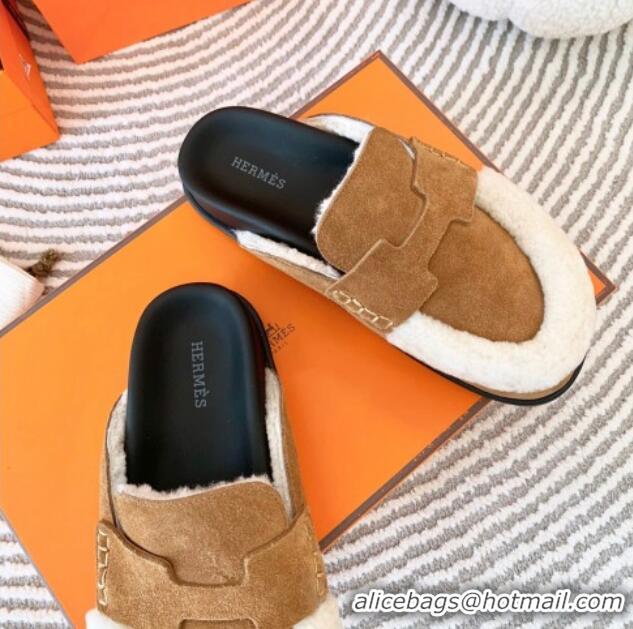 Perfect Hermes Chypre Suede Flat Mules Brown 728009