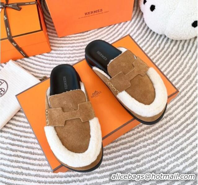 Perfect Hermes Chypre Suede Flat Mules Brown 728009