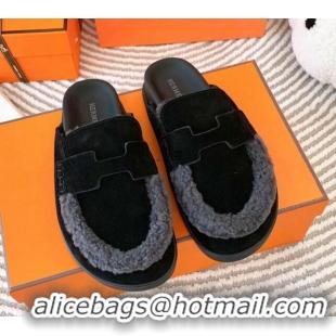 Luxury Discount Hermes Chypre Suede Flat Mules Black 728010