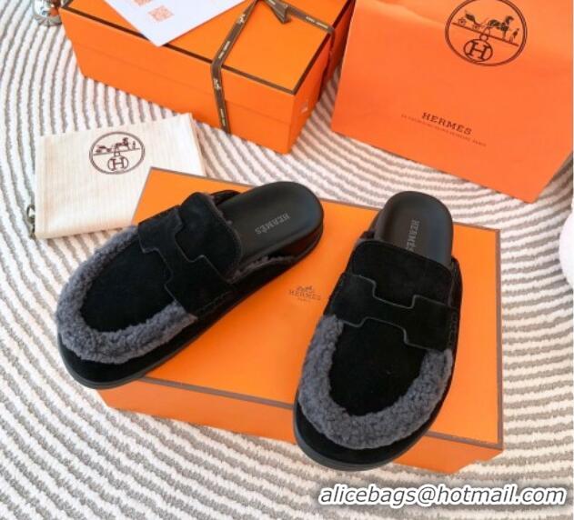 Luxury Discount Hermes Chypre Suede Flat Mules Black 728010