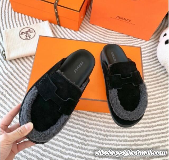 Luxury Discount Hermes Chypre Suede Flat Mules Black 728010