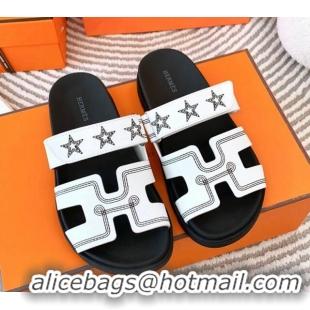 Luxury Hermes Chypre Leather Flat Slide Sandals with Star White 728011