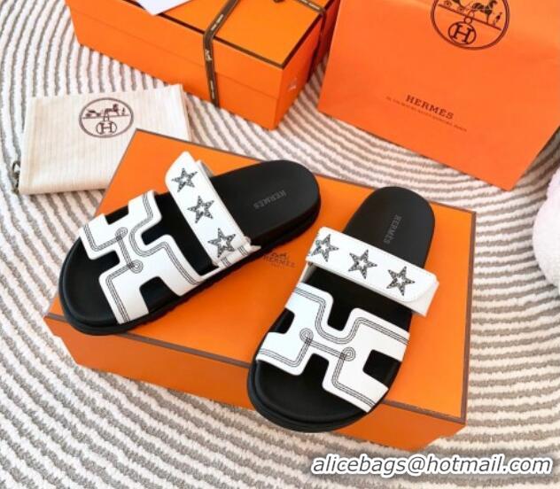 Luxury Hermes Chypre Leather Flat Slide Sandals with Star White 728011