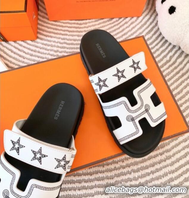 Luxury Hermes Chypre Leather Flat Slide Sandals with Star White 728011