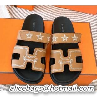 Good Quality Hermes Chypre Leather Flat Slide Sandals with Star Brown 728012