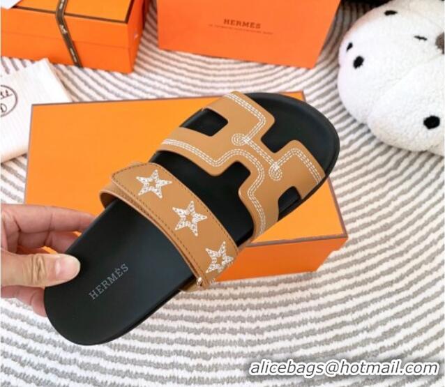 Good Quality Hermes Chypre Leather Flat Slide Sandals with Star Brown 728012