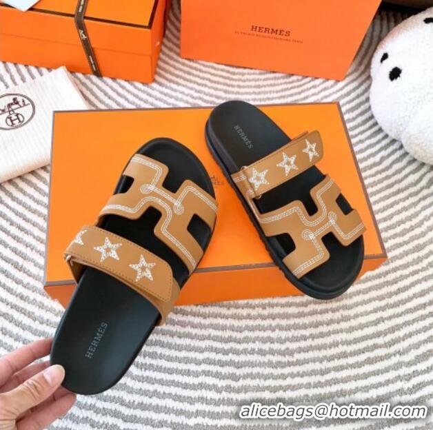 Good Quality Hermes Chypre Leather Flat Slide Sandals with Star Brown 728012