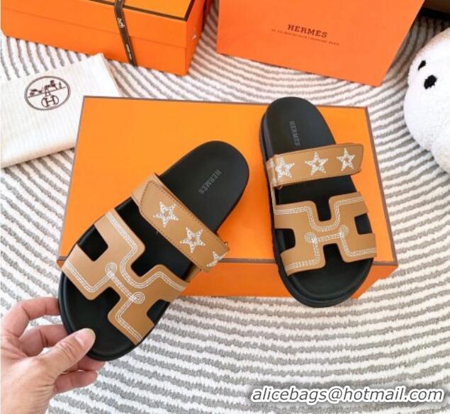 Good Quality Hermes Chypre Leather Flat Slide Sandals with Star Brown 728012