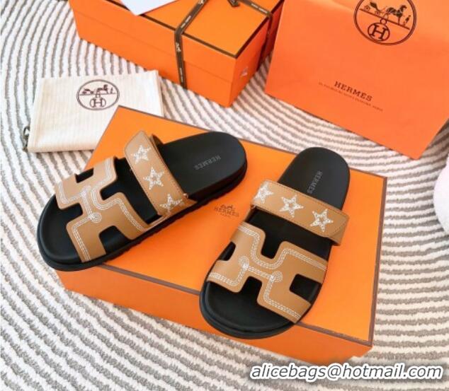 Good Quality Hermes Chypre Leather Flat Slide Sandals with Star Brown 728012