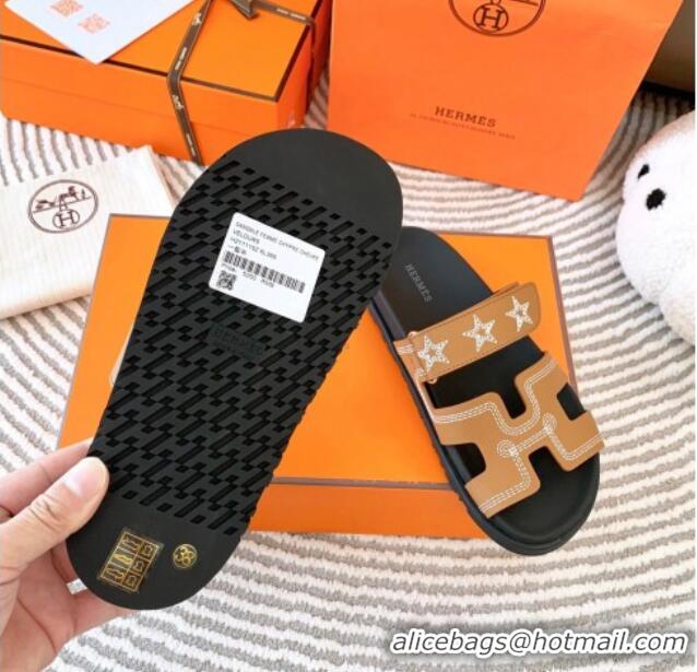 Good Quality Hermes Chypre Leather Flat Slide Sandals with Star Brown 728012