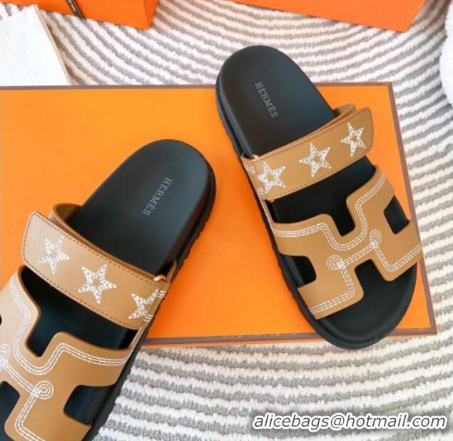 Good Quality Hermes Chypre Leather Flat Slide Sandals with Star Brown 728012