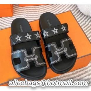 Shop Duplicate Hermes Chypre Leather Flat Slide Sandals with Star Black 728013