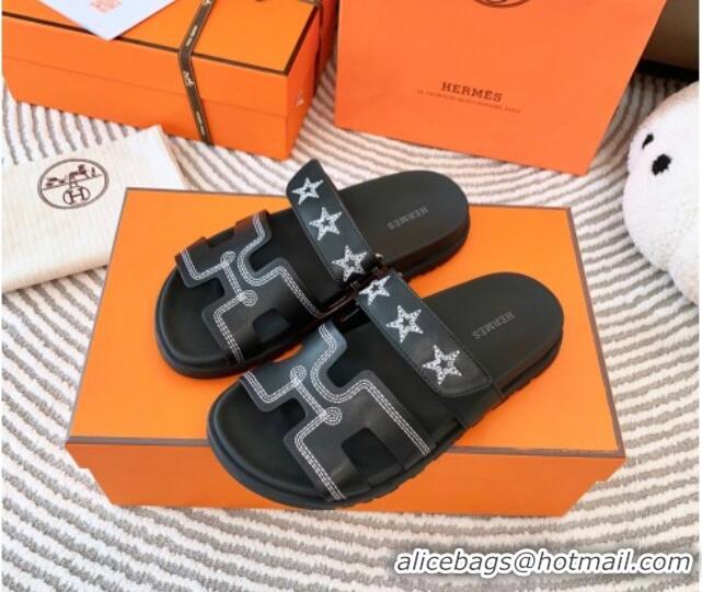 Shop Duplicate Hermes Chypre Leather Flat Slide Sandals with Star Black 728013