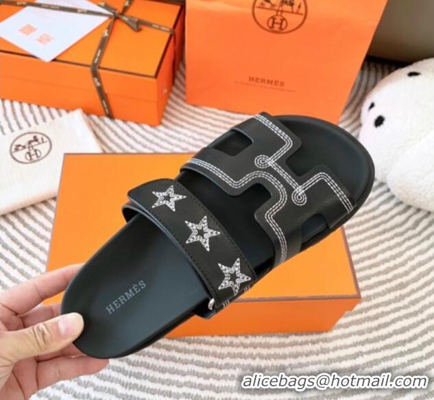 Shop Duplicate Hermes Chypre Leather Flat Slide Sandals with Star Black 728013