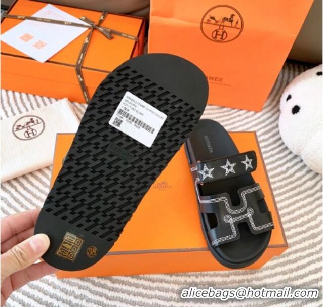 Shop Duplicate Hermes Chypre Leather Flat Slide Sandals with Star Black 728013