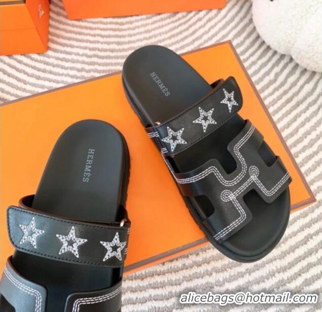 Shop Duplicate Hermes Chypre Leather Flat Slide Sandals with Star Black 728013