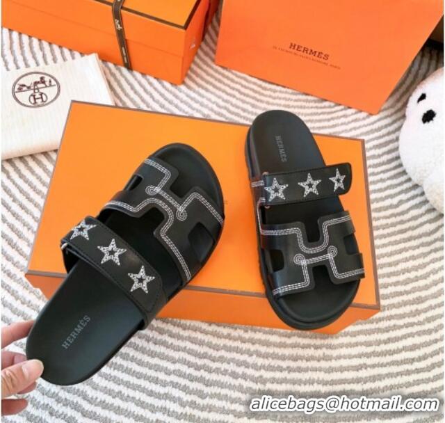 Shop Duplicate Hermes Chypre Leather Flat Slide Sandals with Star Black 728013