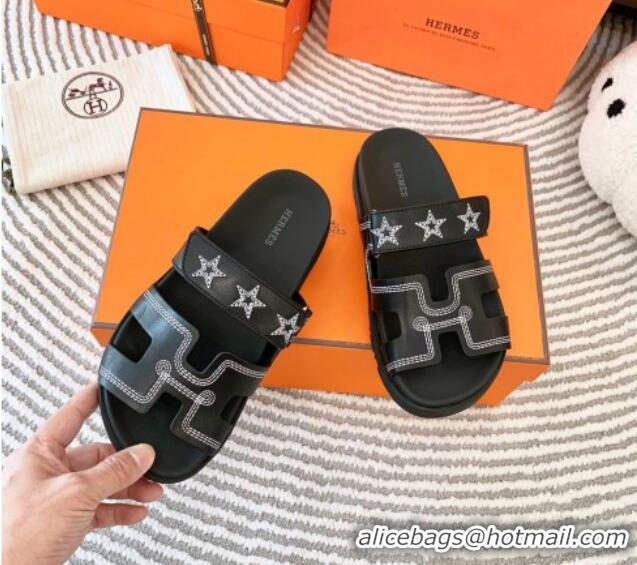 Shop Duplicate Hermes Chypre Leather Flat Slide Sandals with Star Black 728013