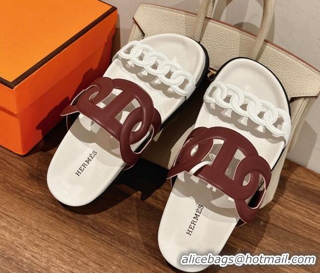 Good Looking Hermes Extra Chain Calfskin Slide Sandals White/Brown 728046