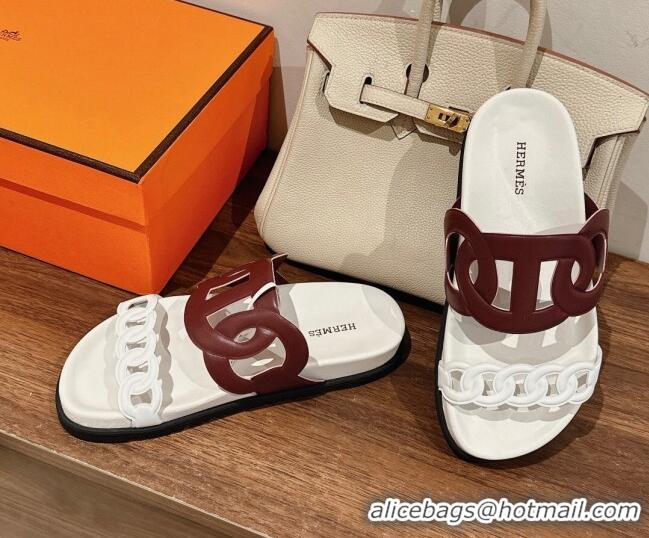 Good Looking Hermes Extra Chain Calfskin Slide Sandals White/Brown 728046