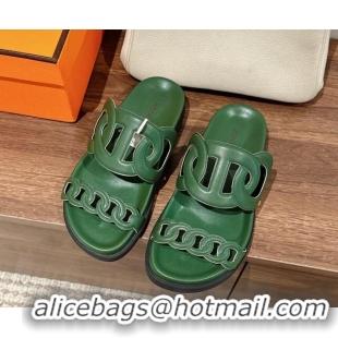 Luxury Hermes Extra Chain Calfskin Slide Sandals All Green 728047