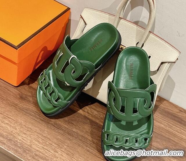 Luxury Hermes Extra Chain Calfskin Slide Sandals All Green 728047