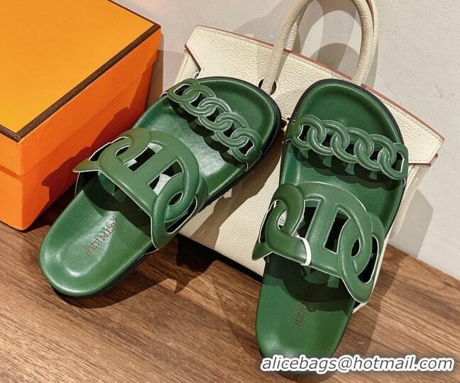 Luxury Hermes Extra Chain Calfskin Slide Sandals All Green 728047