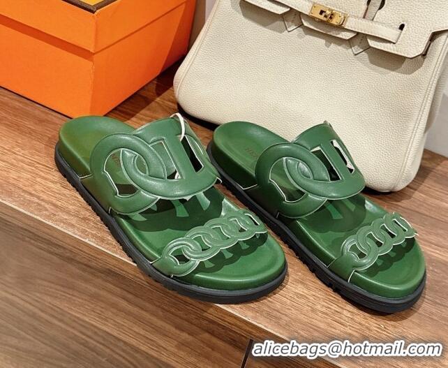 Luxury Hermes Extra Chain Calfskin Slide Sandals All Green 728047