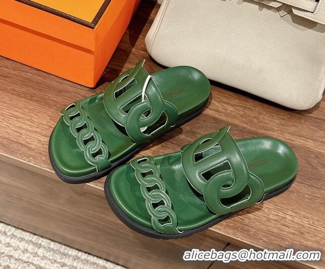 Luxury Hermes Extra Chain Calfskin Slide Sandals All Green 728047