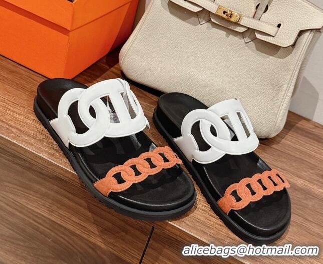 Classic Hot Hermes Extra Chain Calfskin Slide Sandals White/Orange 728048