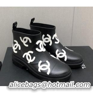 Most Popular Chanel CC Printed Rubber Rain Boots Black/White 728051