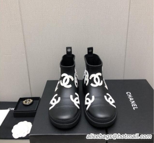 Most Popular Chanel CC Printed Rubber Rain Boots Black/White 728051