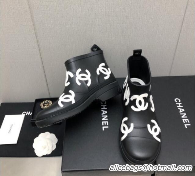 Most Popular Chanel CC Printed Rubber Rain Boots Black/White 728051