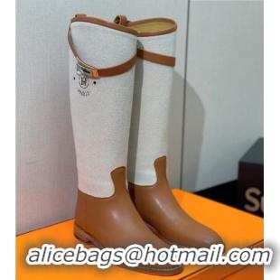 Good Looking Hermes Jumping Flat High Boots in Calfskin and Canvas Brown 814032