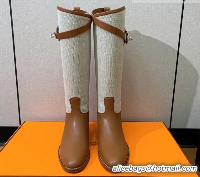 Good Looking Hermes Jumping Flat High Boots in Calfskin and Canvas Brown 814032